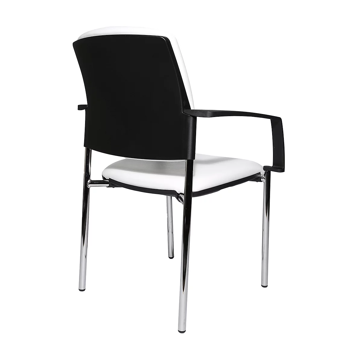 Chaise de bureau, vue arrière: dossier noir, assise blanche, pieds et accoudoirs chromés.