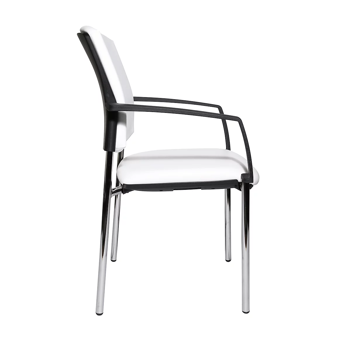 Une chaise blanche avec accoudoirs noirs et pieds chromés est de profil.