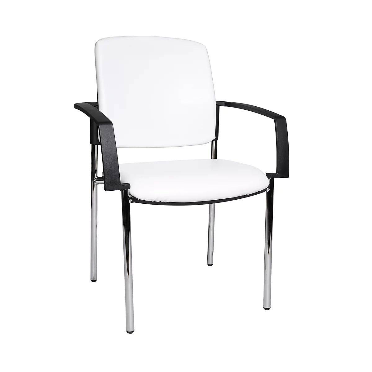 Chaise de bureau blanche avec accoudoirs et cadre chromé. La chaise se dresse sur un fond blanc.