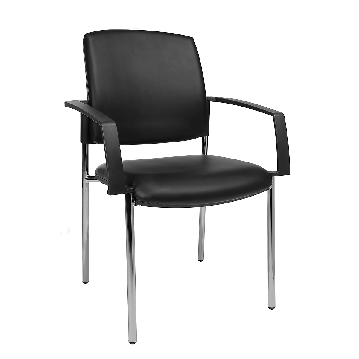 Chaise de bureau noire avec accoudoirs, cadre chromé et assise rembourrée.