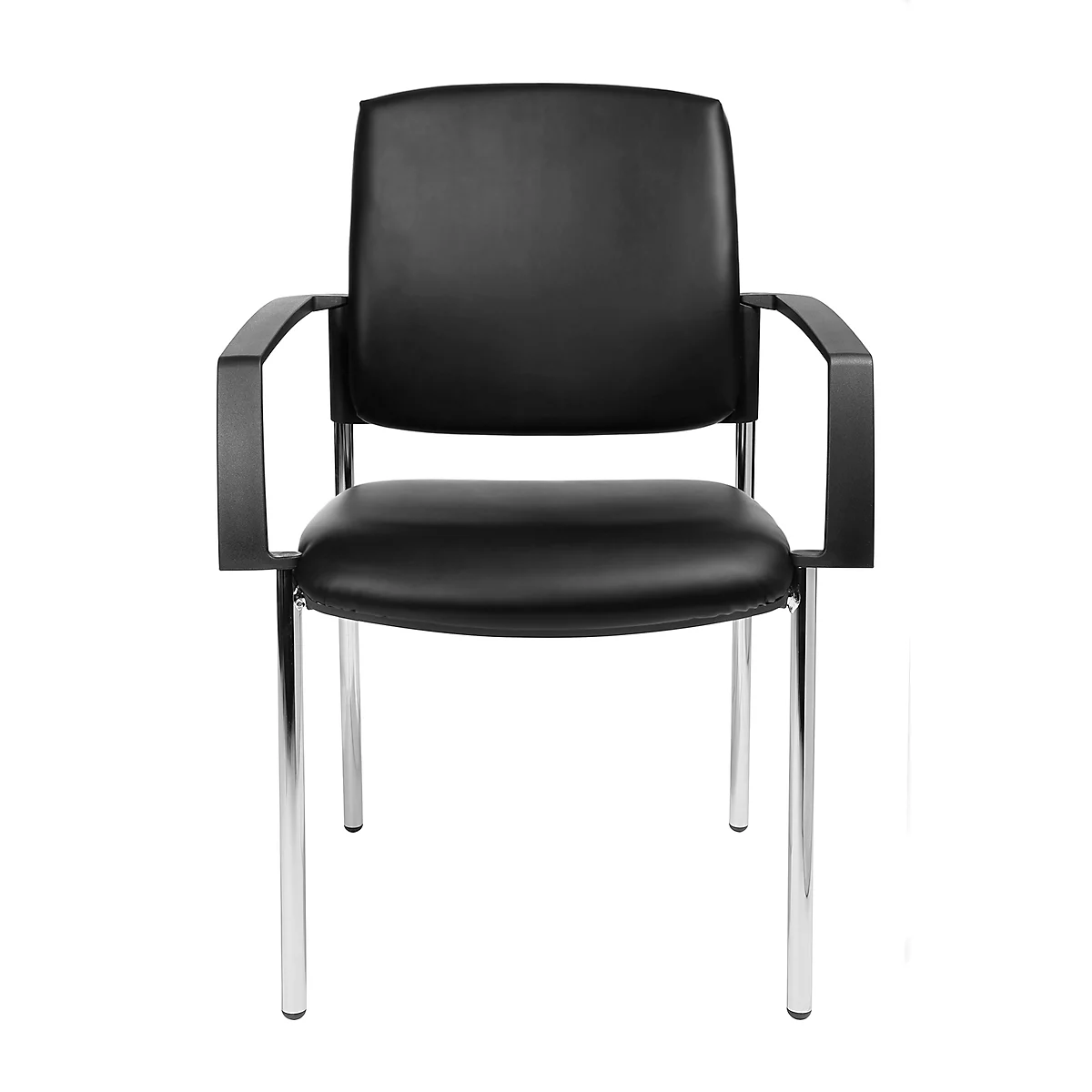 Chaise de bureau noire avec accoudoirs, pieds chromés, sur fond blanc.