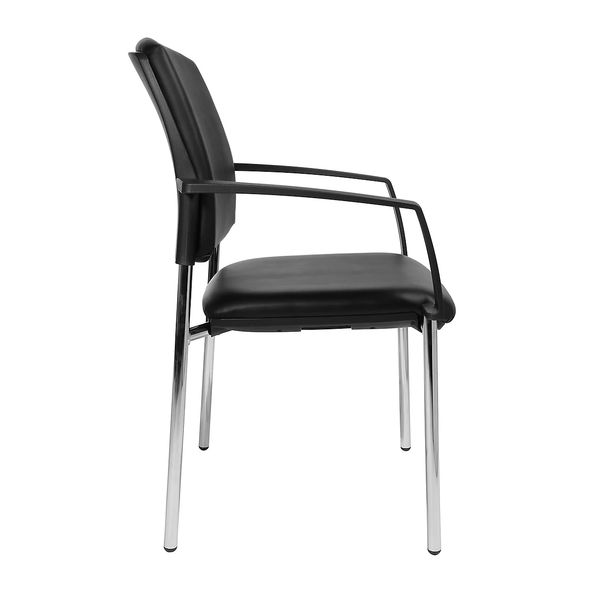 Vue latérale d'une chaise de bureau noire. Assise et dossier noirs, bras et pieds chromés.