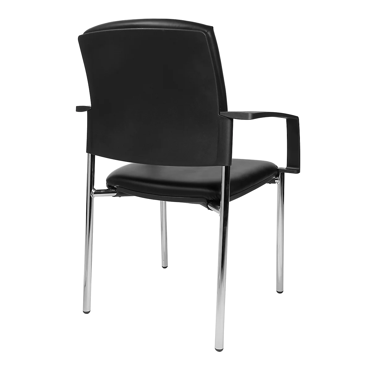 Chaise de bureau noire, vue arrière. Les pieds de la chaise sont chromés, l'assise et le dossier sont en cuir noir.