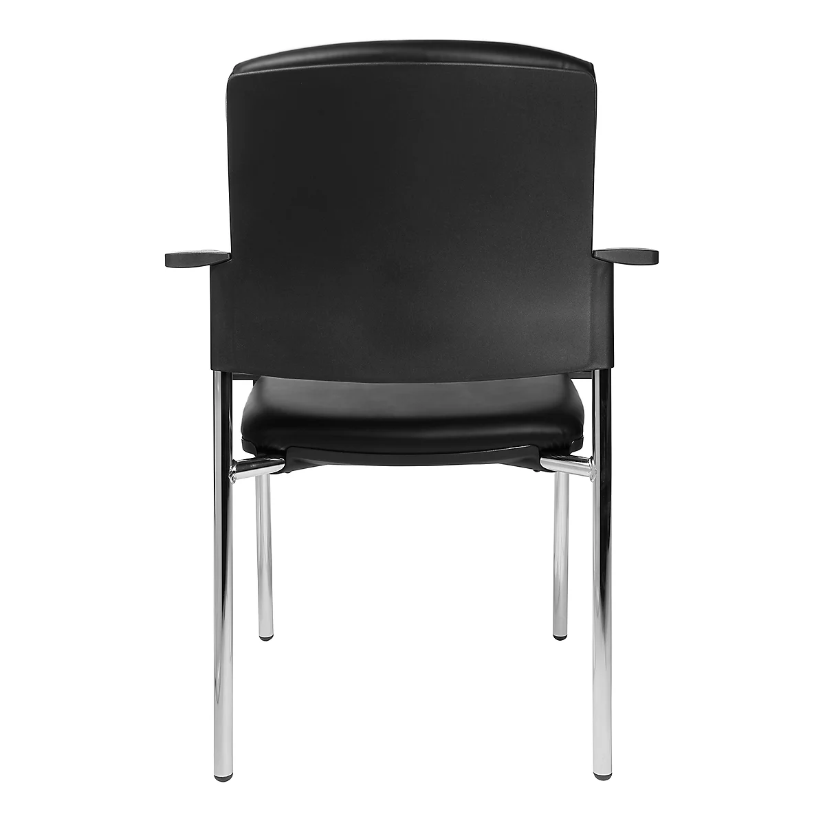 Vue arrière d'une chaise en cuir noir avec pieds et accoudoirs chromés. La chaise est sur fond blanc.