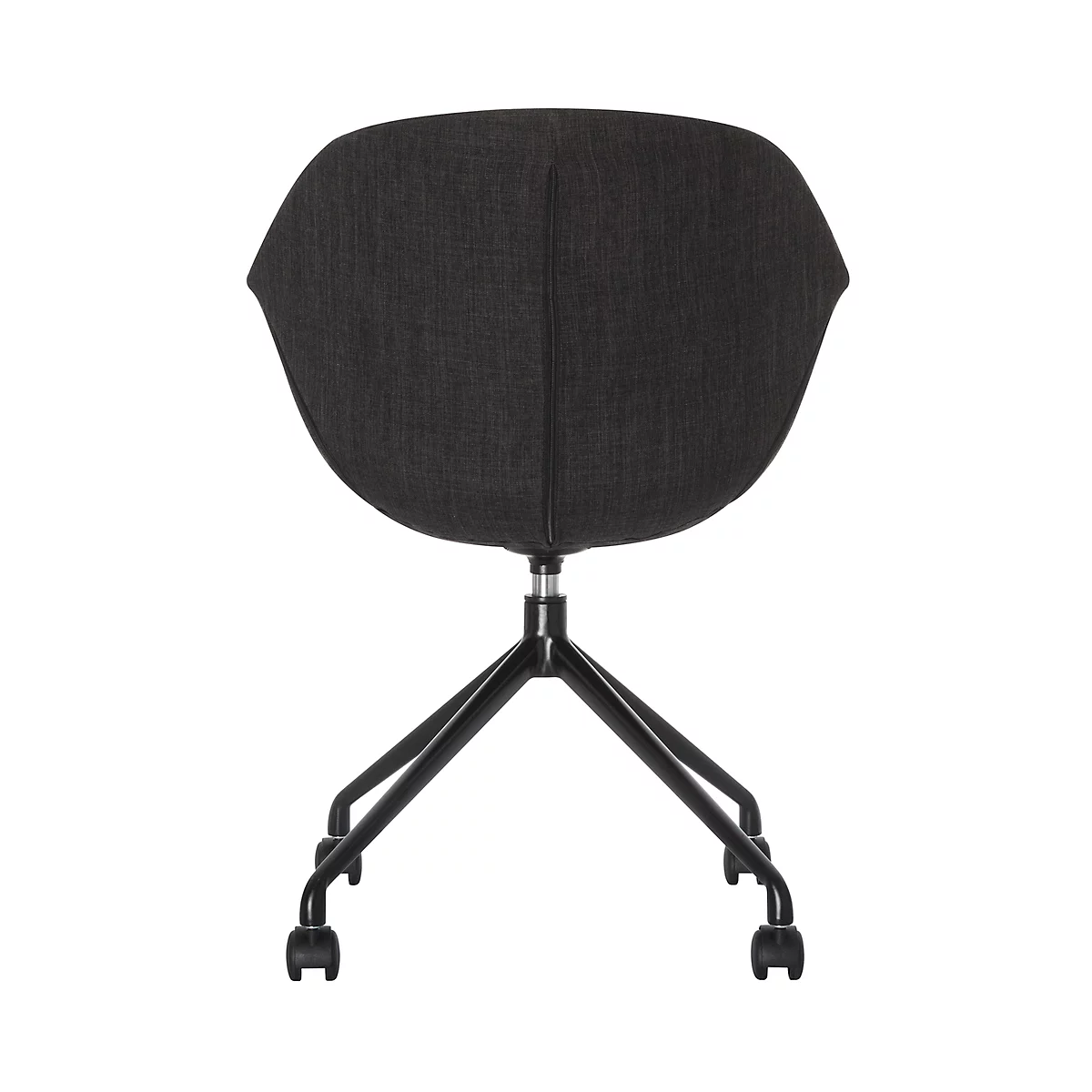 Chaise de bureau gris foncé, vue arrière. Dossier rond, cadre noir avec roues.