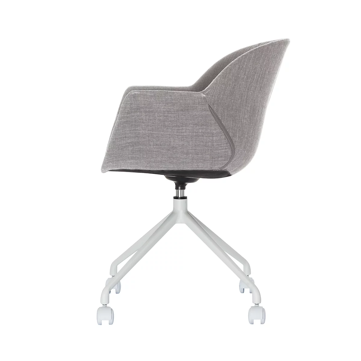 Chaise pivotante gris clair, vue latérale, avec structure blanche et roulettes.