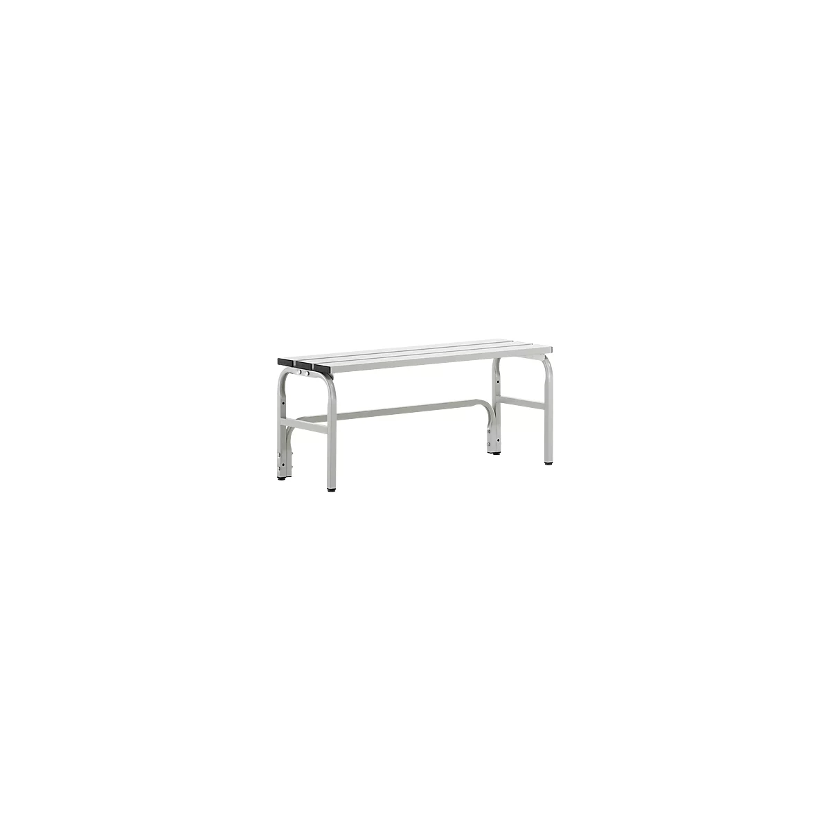 Grey bench with slatted seat and metal frame, ideal for changing rooms or waiting areas.