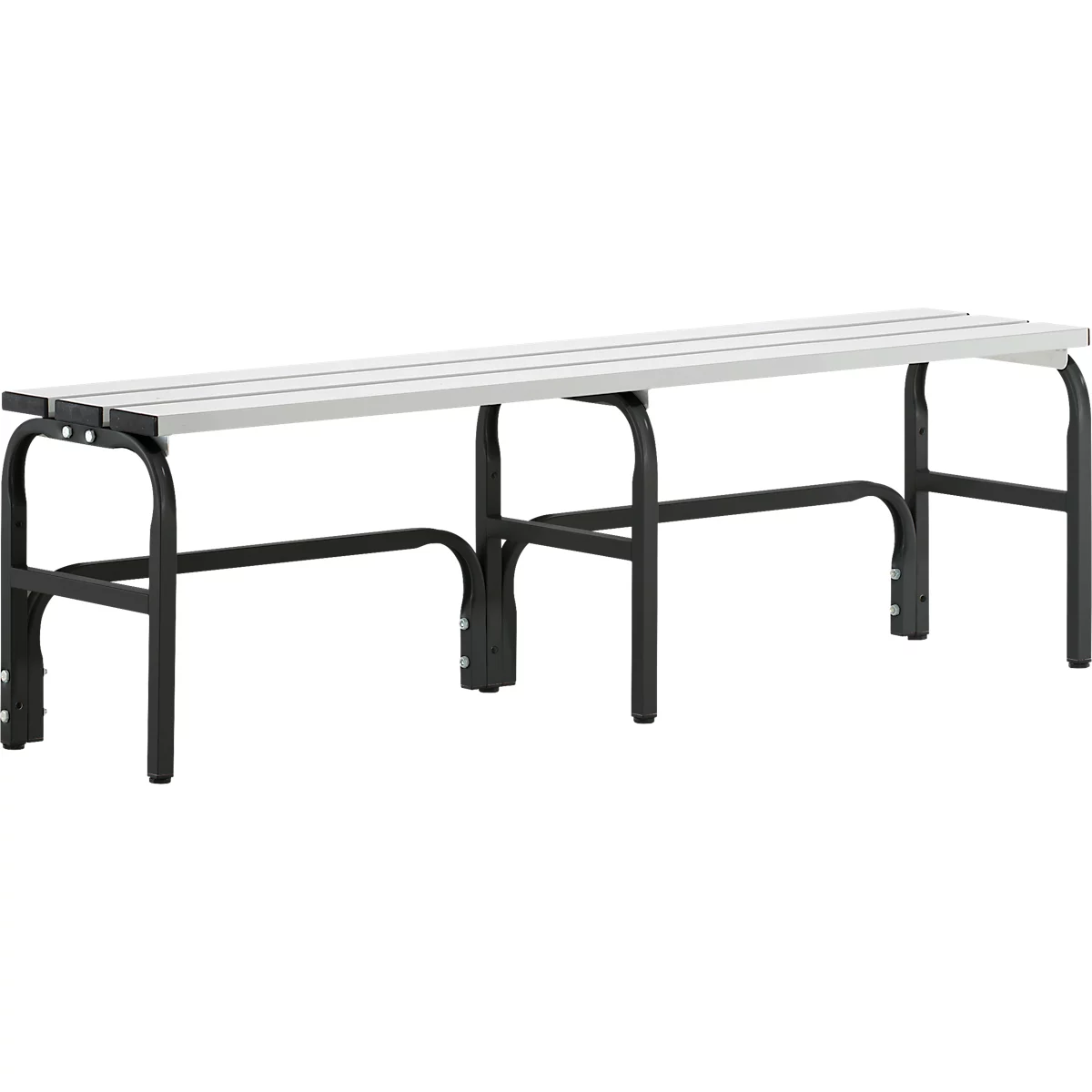 Bench with light-colored wooden seat and dark metal frame, minimalist.