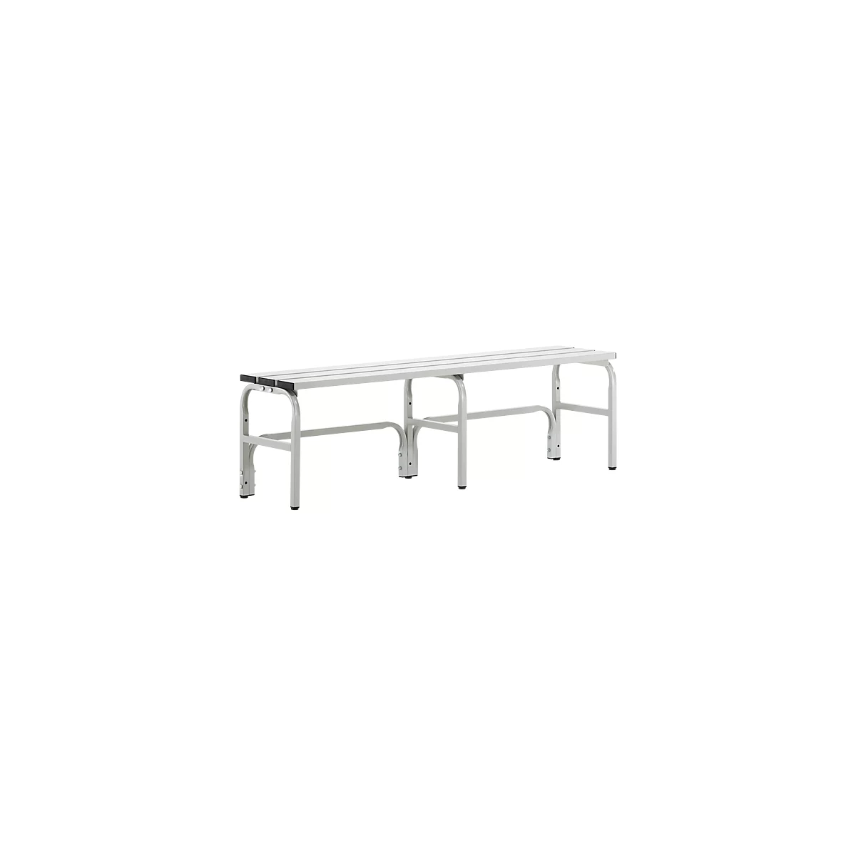 Grey bench with elongated seating surfaces and curved legs. The bench is made of metal and stands on the ground.