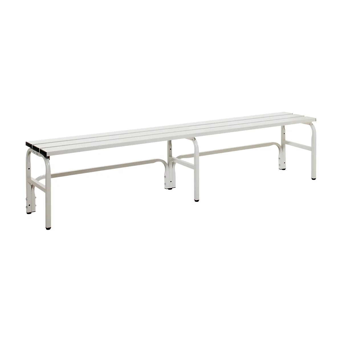 White, long bench with a metal frame. The seat consists of parallel, narrow slats. The bench stands on four legs.