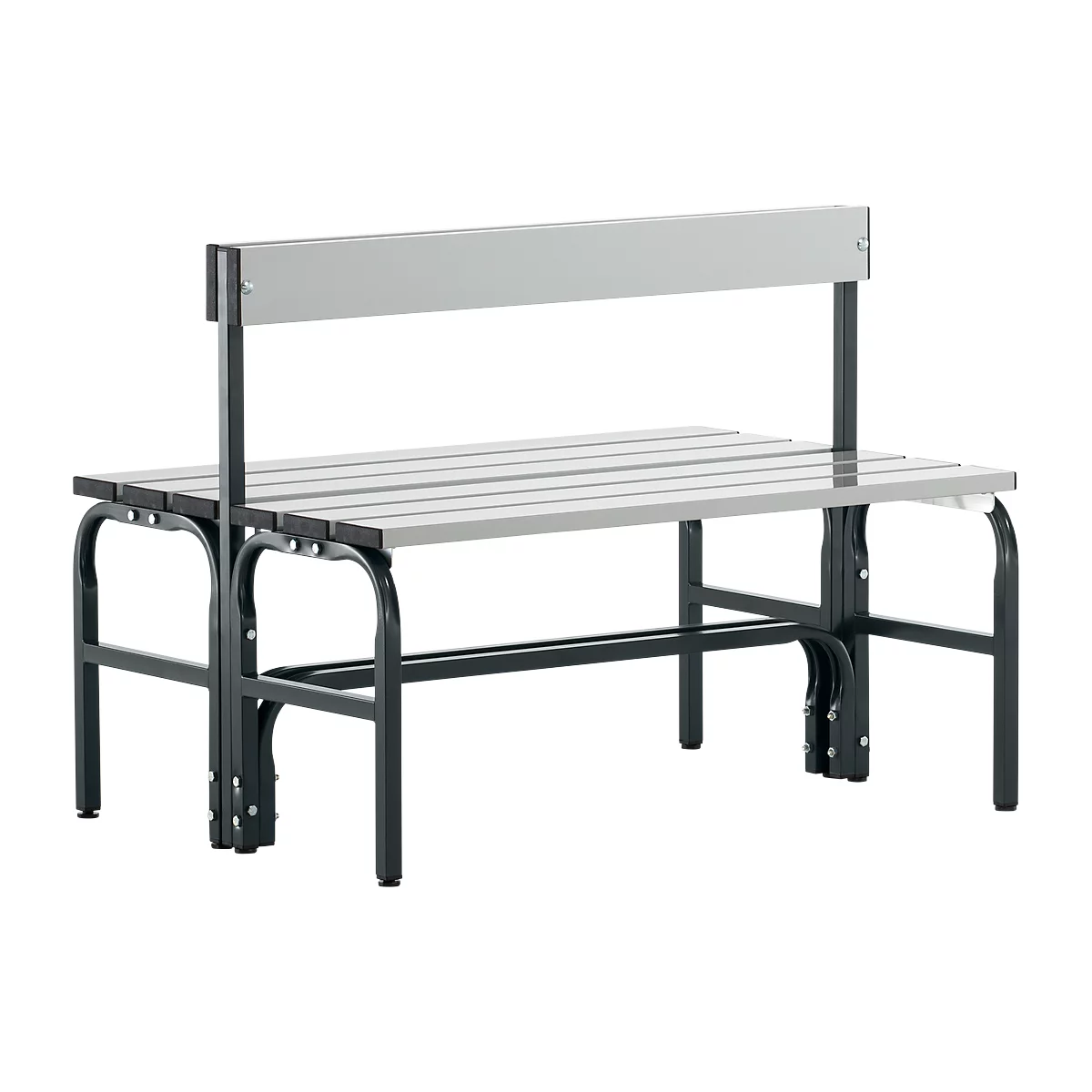 Grey park bench with backrest and slatted base. Black frame.