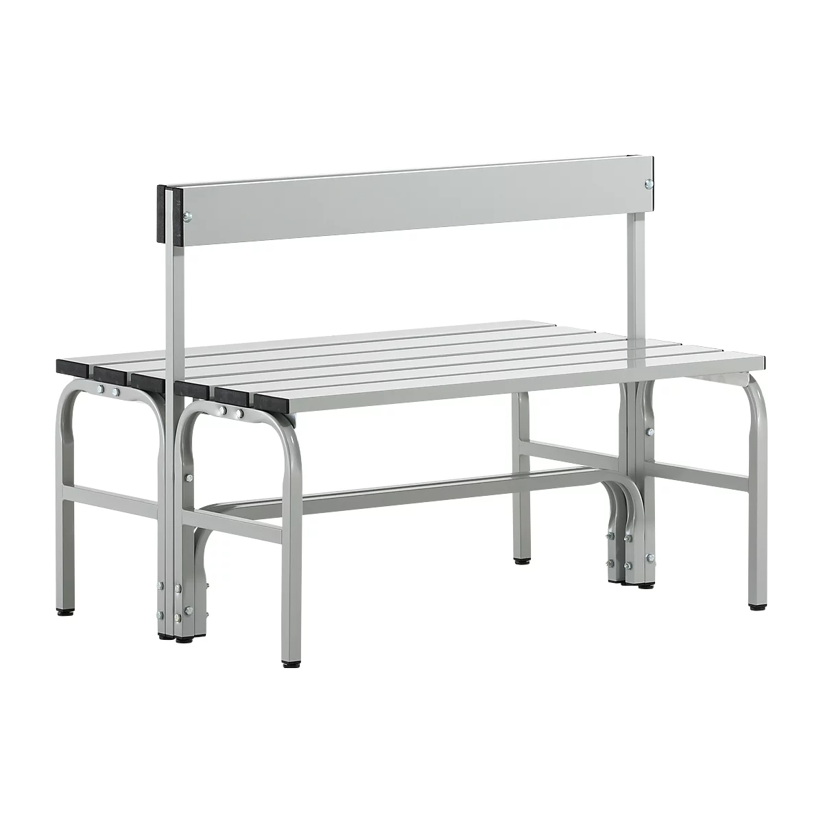 Grey park bench with backrest. The seat consists of horizontal struts, the frame is made of metal.