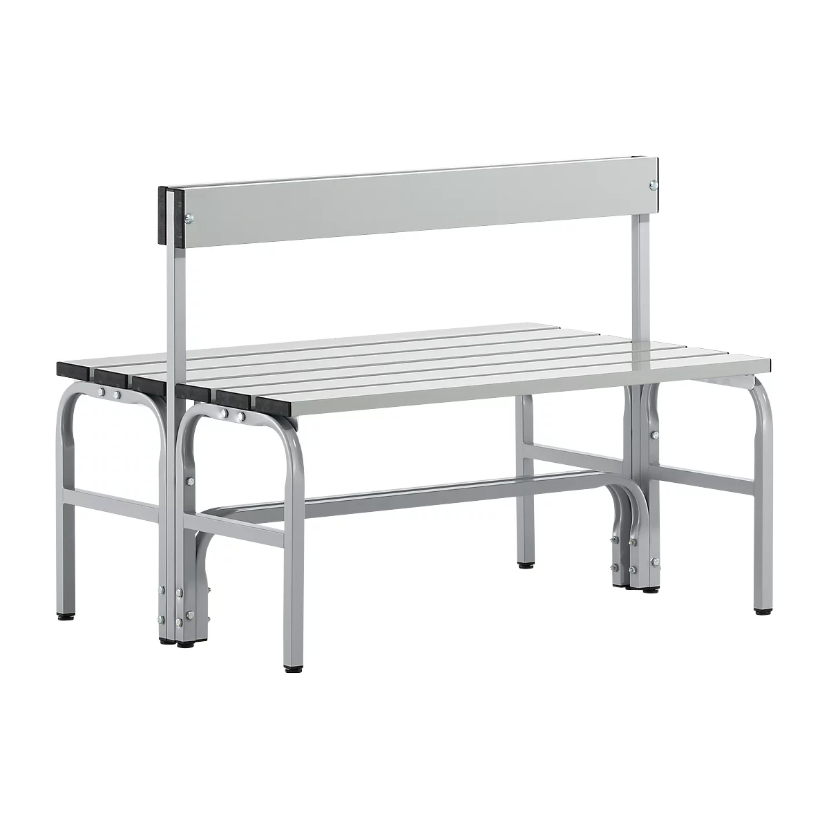 Gray bench with backrest, slatted base and metal frame. The bench is freestanding and detailed.