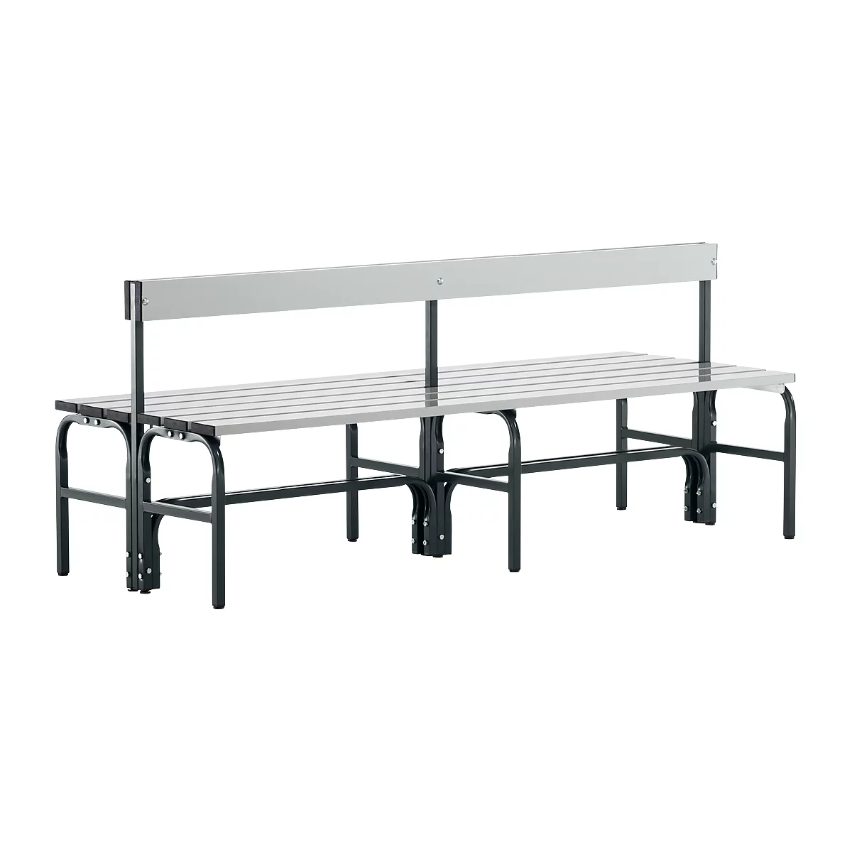 A long park bench with a backrest, gray seat, and white backrest. The frame is made of black metal.