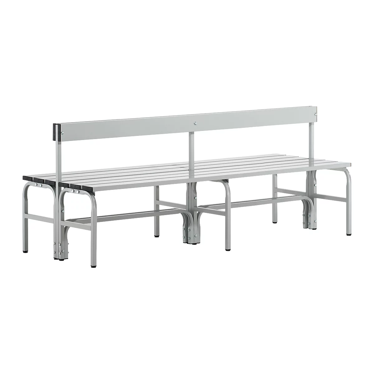 Grey bench with backrest, wooden slats, metal frame. Perspective view.