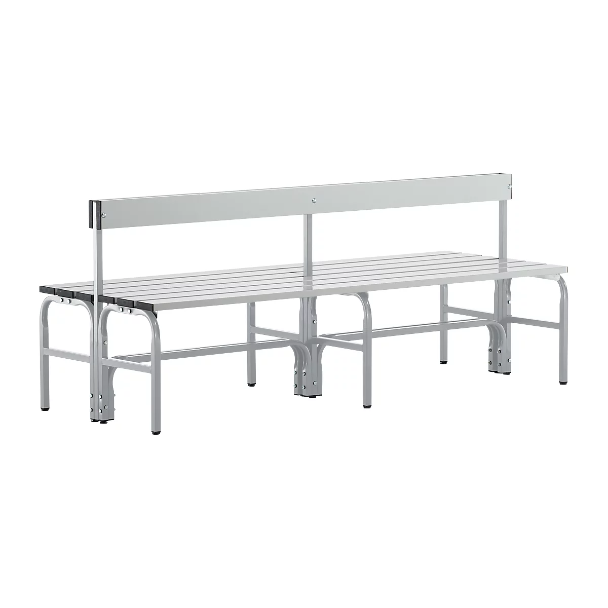 A grey metal bench with slats, backrest and legs reinforced by a crossbar.