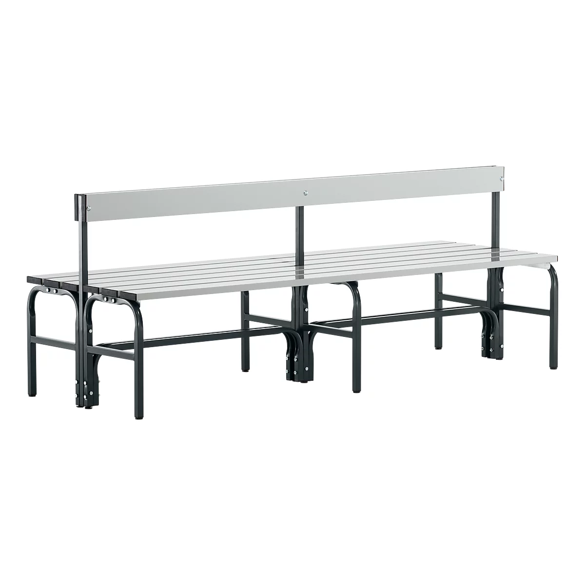 Gray park bench with backrest and gray seat slats. Black metal legs.