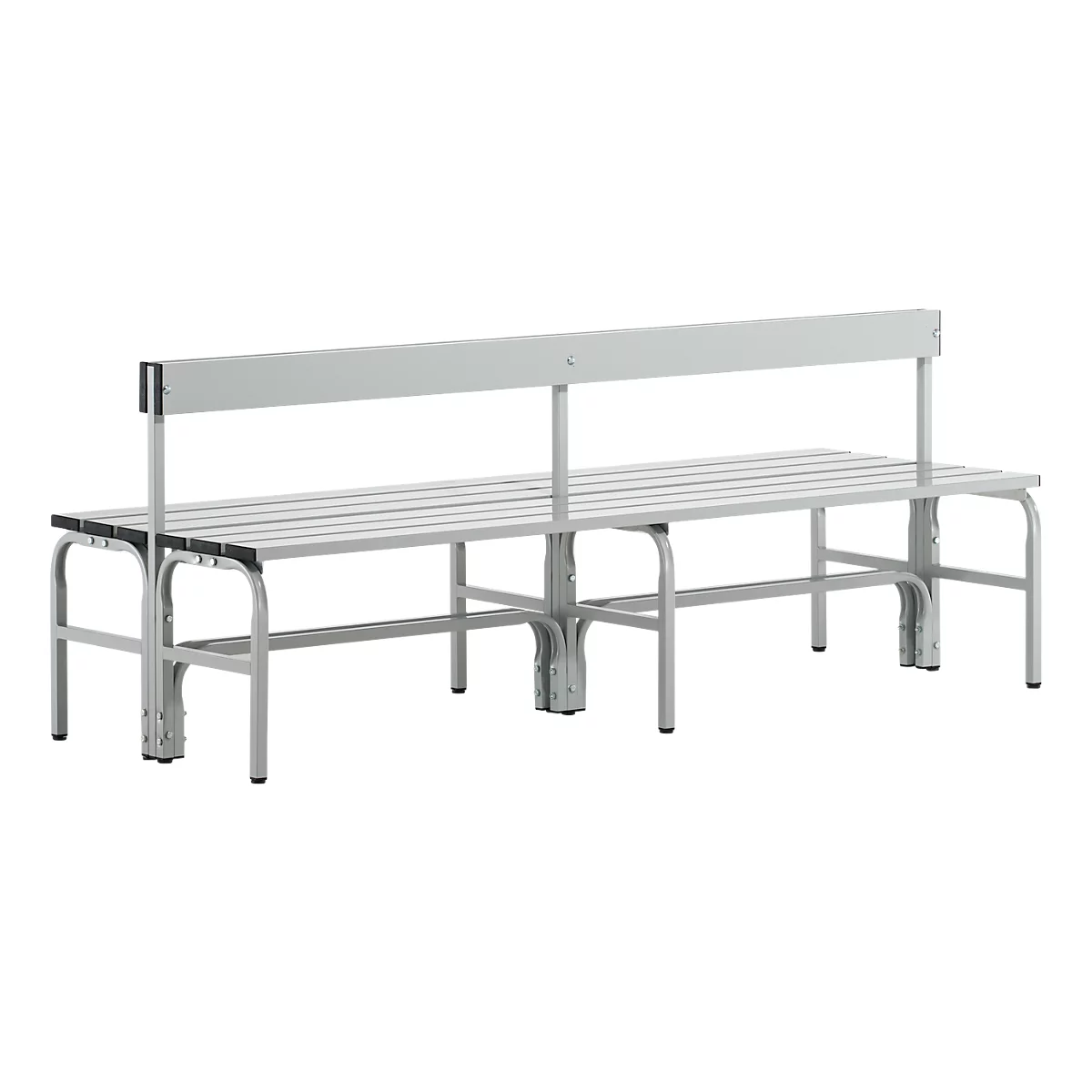 Grey bench with backrest on white background. The bench has a horizontal seating area and the legs are made of metal.