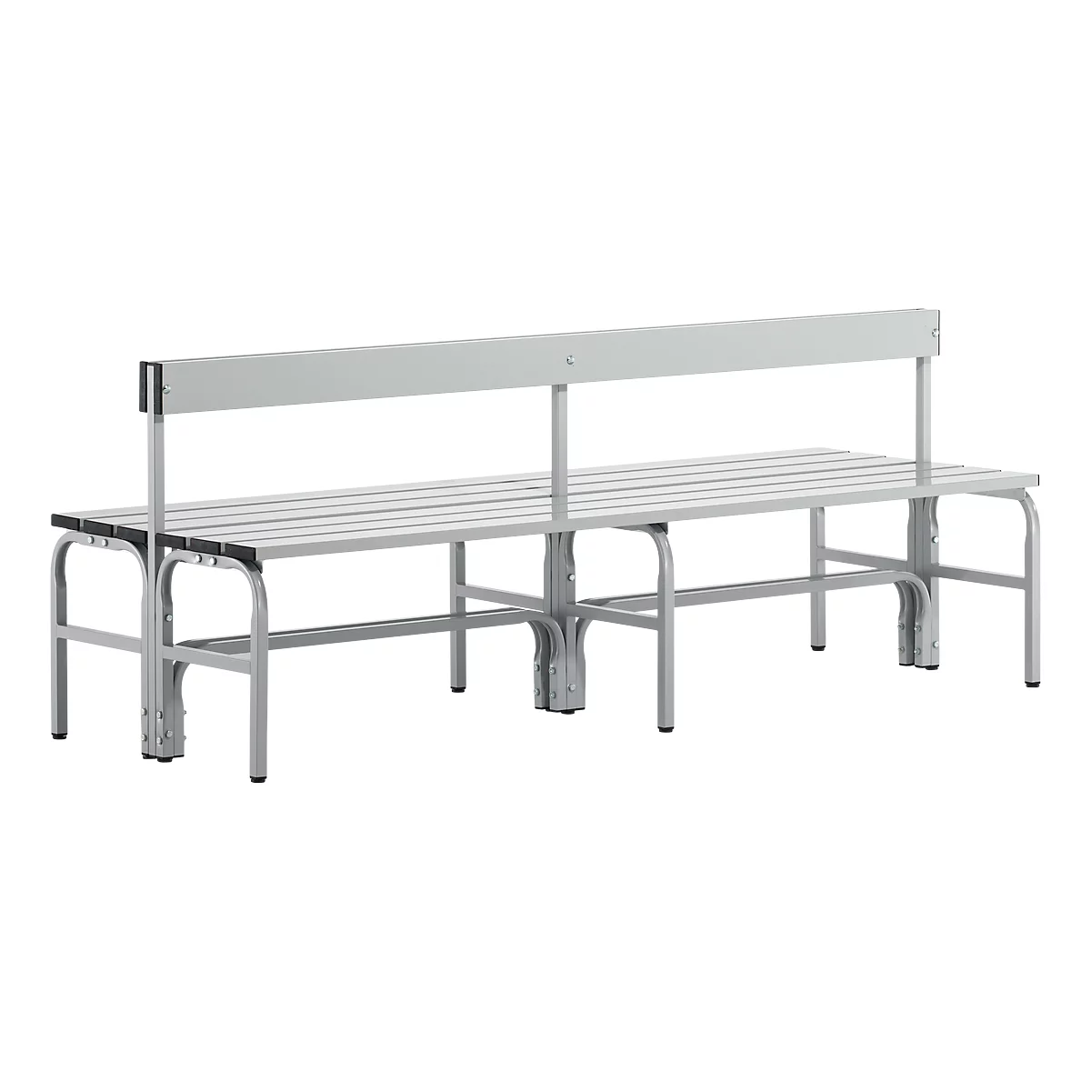 Grey bench with backrest. Metal bench with horizontal slats.