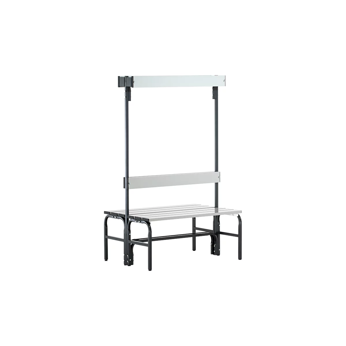 Gray locker bench with steel frame. Crossbars are attached at the top and back.