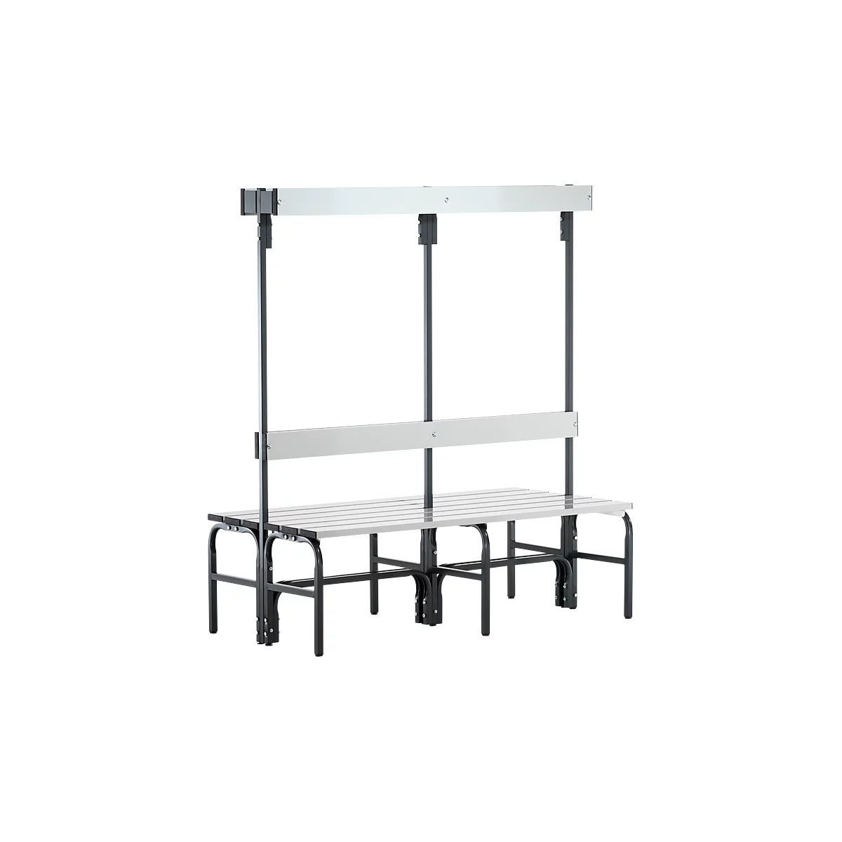 Gray metal frame with seat and two poles connected to a shelf.