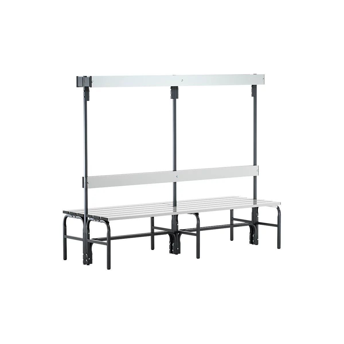 Grey bench with backrest and upper shelf. Black metal frame. The design is functional and modern.