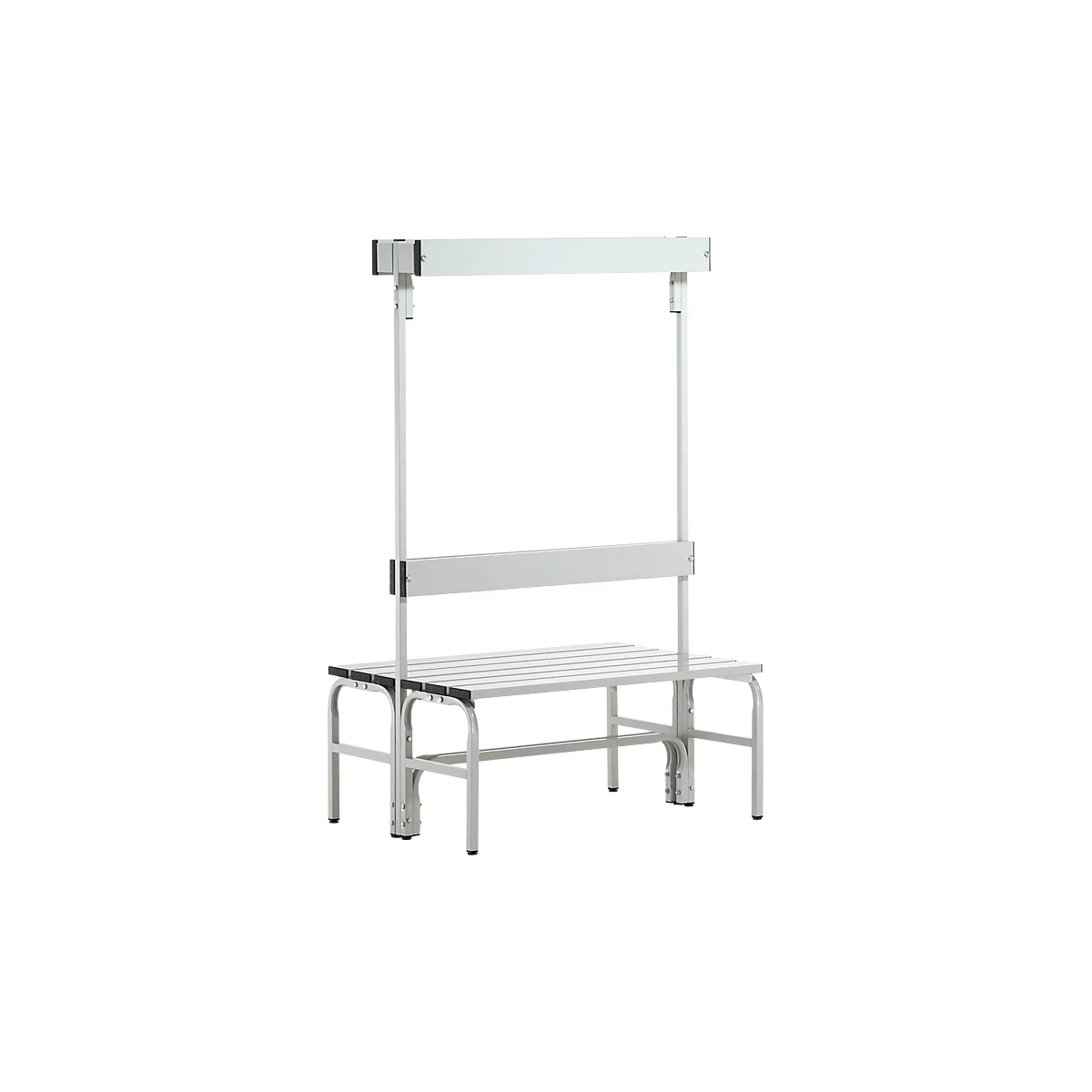 Grey-white wardrobe with seat and clothes rail. The seat is divided by crossbars.