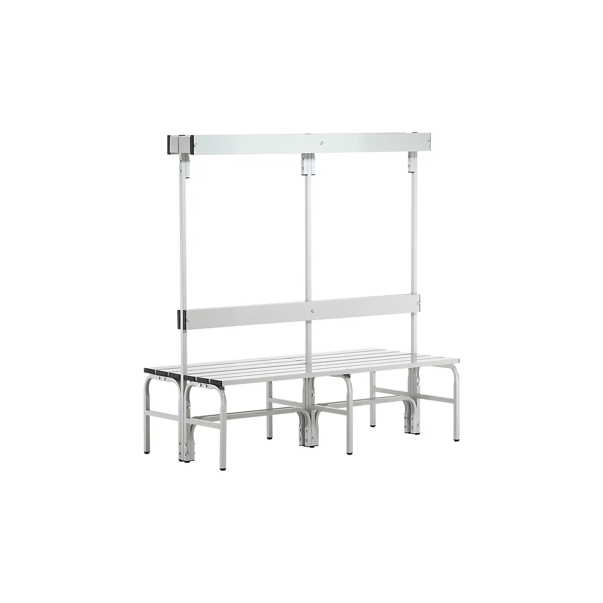 Grey metal bench with backrest and superstructure. It has a seat with wooden slats. The backrest is also made of metal.