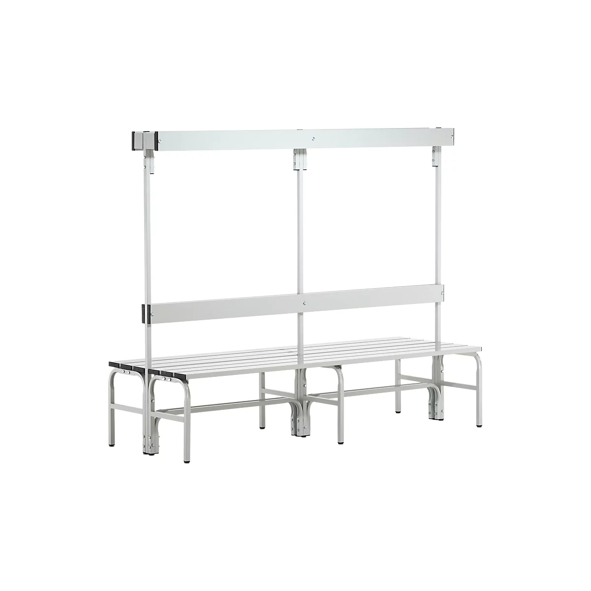 Gray changing room bench with backrest and canopy; metal construction.