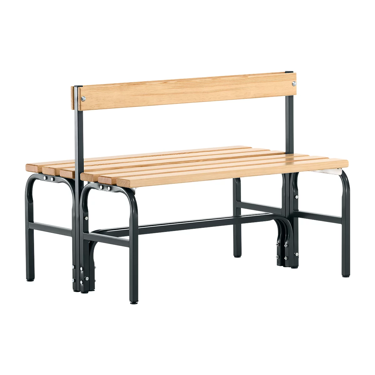 Wooden bench with a black frame and backrest. The seat is made of horizontal wooden slats, the backrest of a continuous board.