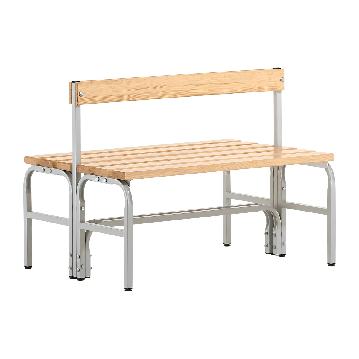 Wooden bench with wooden slatted backrest, gray metal frame.