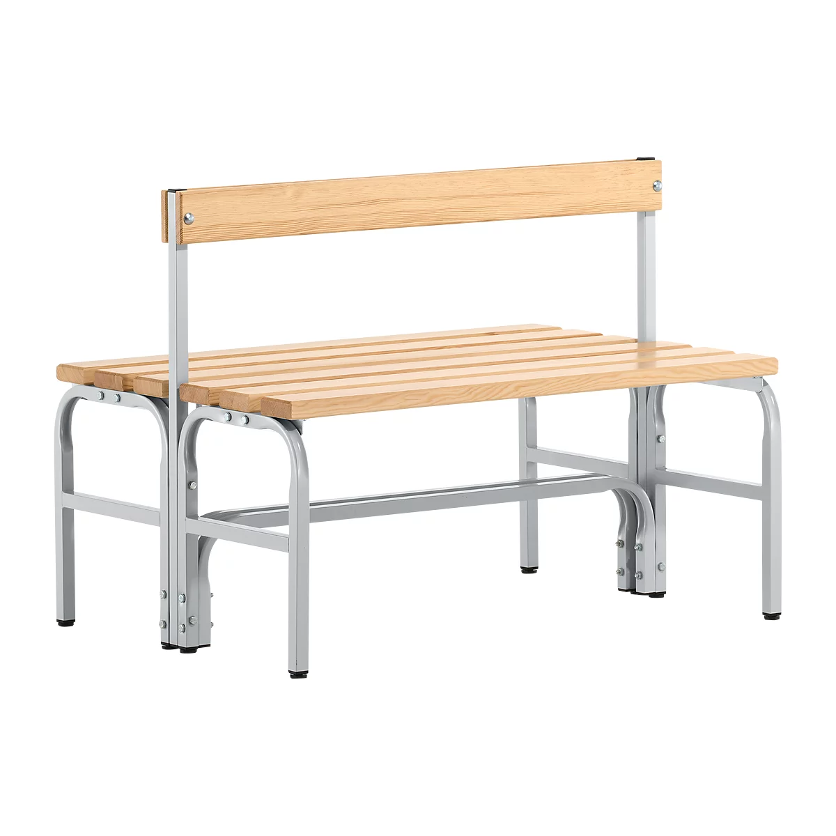 Wooden bench with backrest and metal frame. The seat and backrest consist of light wooden slats, the frame is silver-grey.