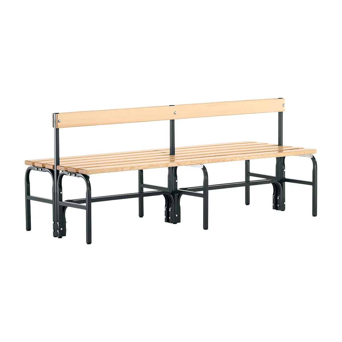 Wooden bench with black metal legs and backrest. The seat is horizontally striped.