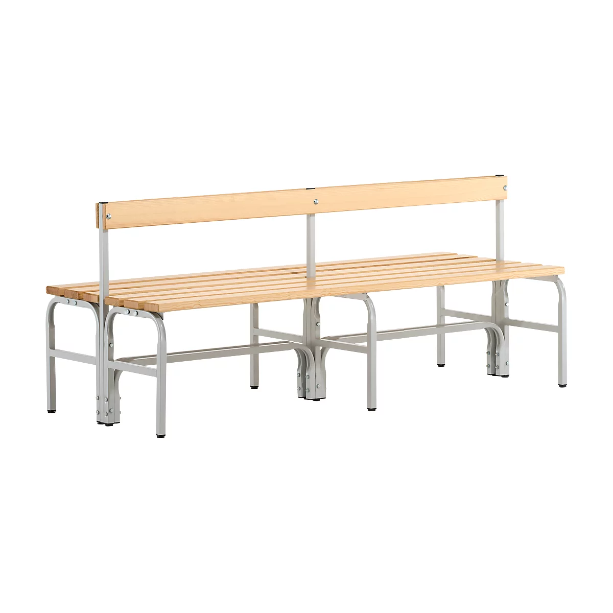 A long wooden bench with backrest on a metal frame.
