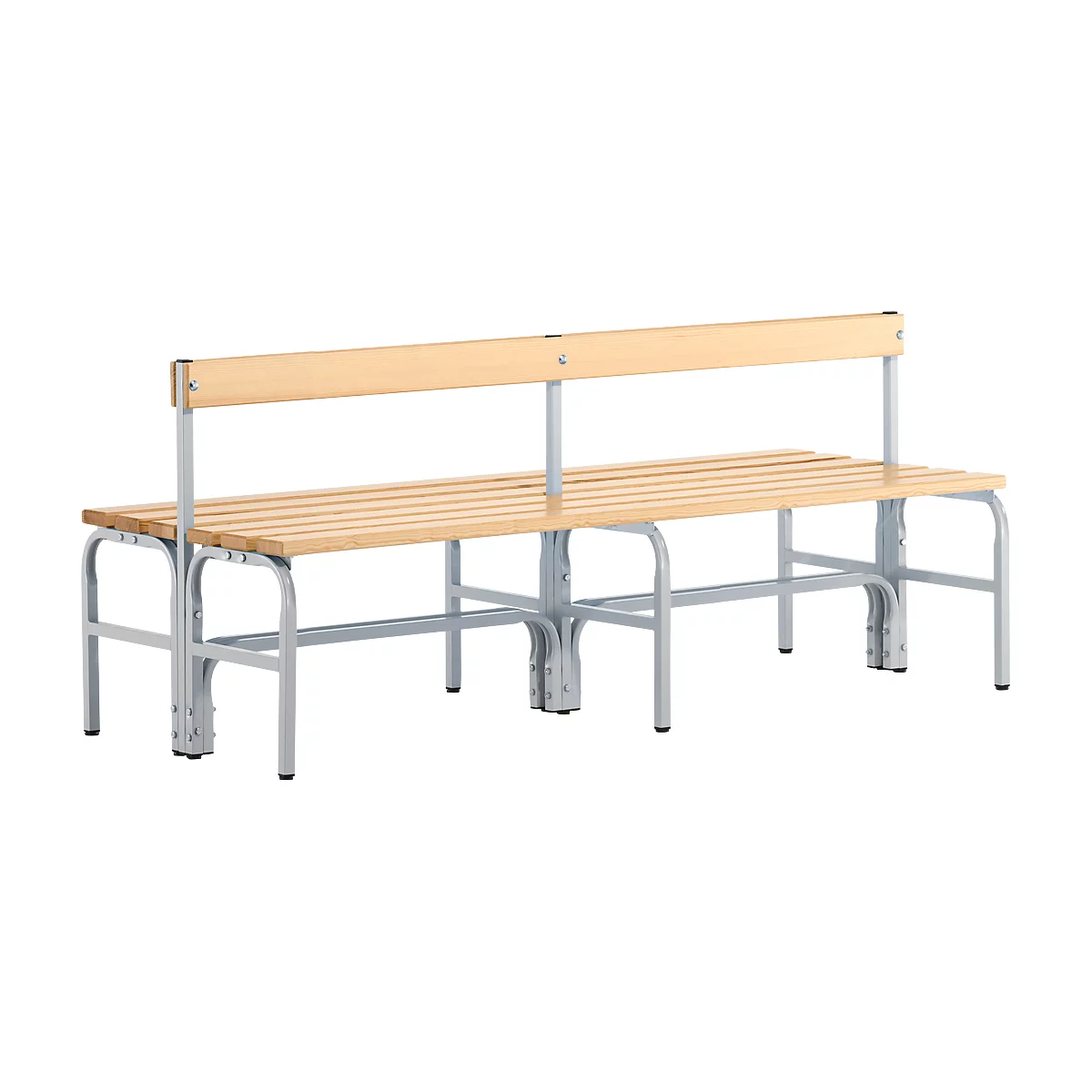 Wooden and metal bench with a backrest. It stands against a light background.