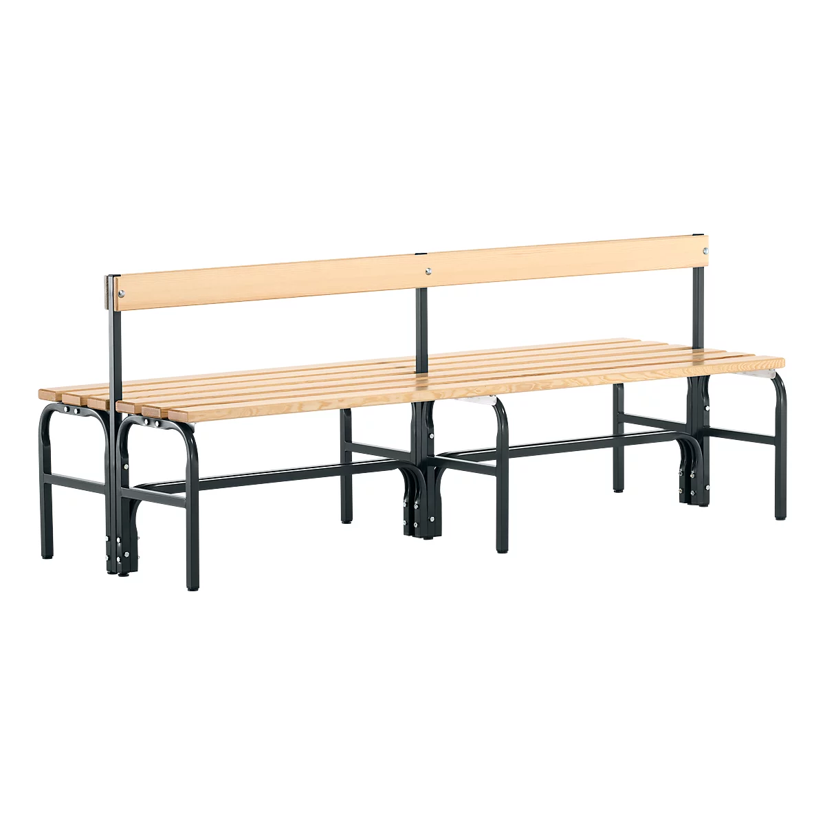 Long bench made of wooden slats with dark metal legs and backrest.