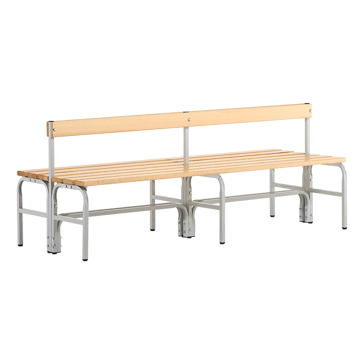 A long wooden bench with a backrest on metal legs. The seat is made of wooden slats, the backrest of a single wooden panel.