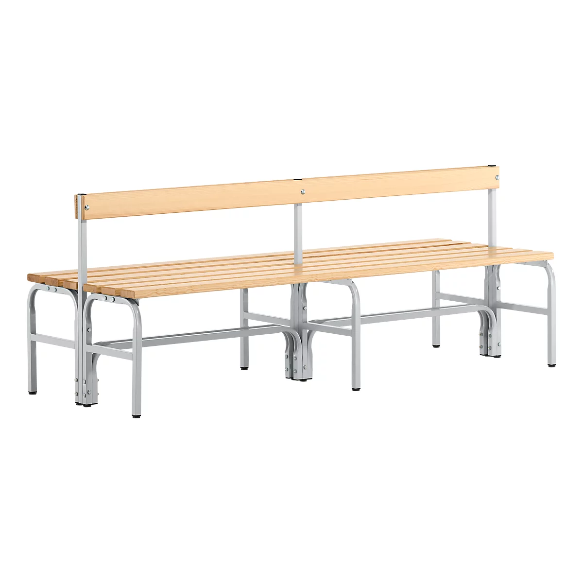 Wooden bench with backrest and metal frame. The seat is made of wooden slats, the backrest of light wood. The frame is silver.