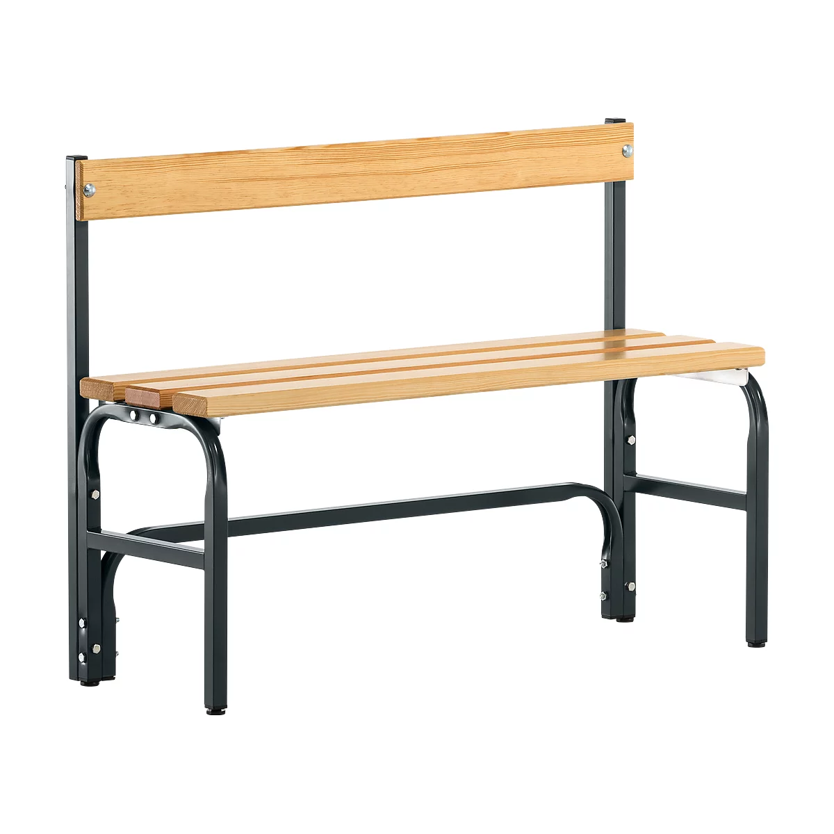 Wooden bench with black metal frame and backrest. The seat is made of horizontal wooden slats.