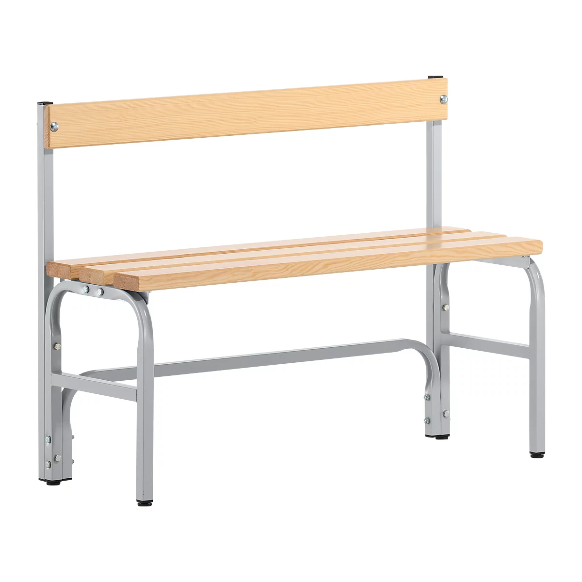 Wooden bench with backrest and grey frame, ideal for changing rooms.