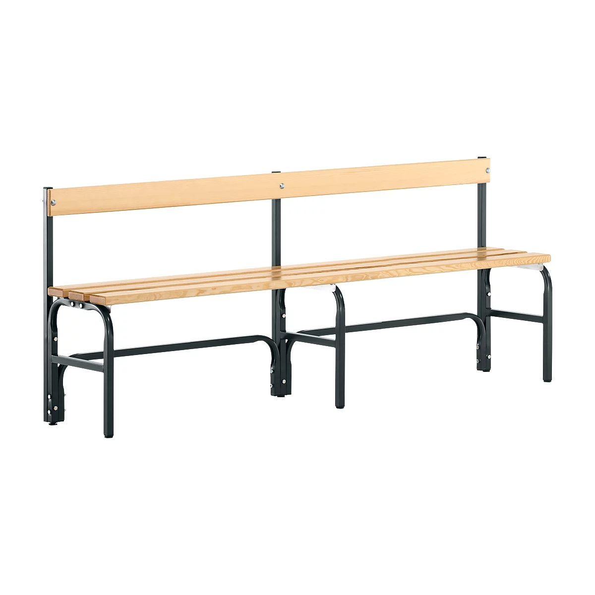 A wooden bench with a backrest on a black metal frame.