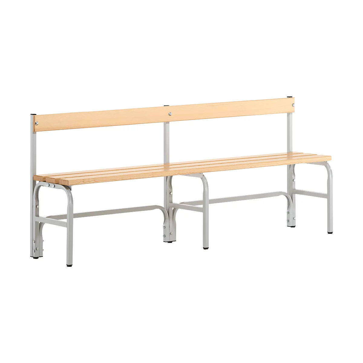 Wooden bench with backrest and metal frame, light wood, gray metal.