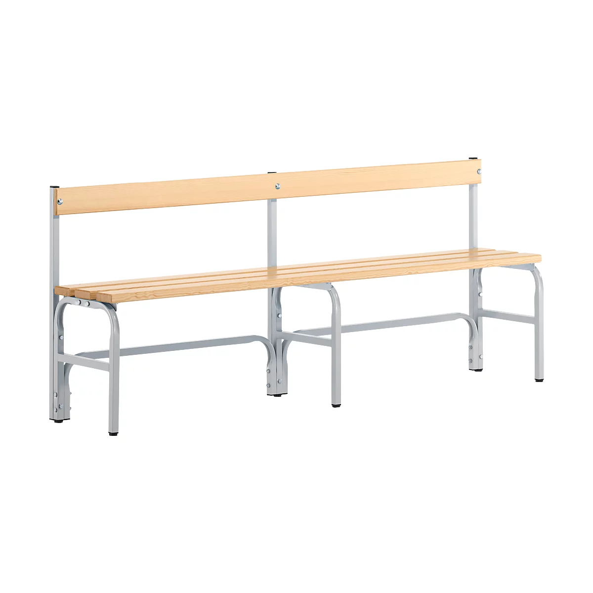 Wooden bench with gray metal legs and backrest. Ideal for waiting areas or changing rooms.