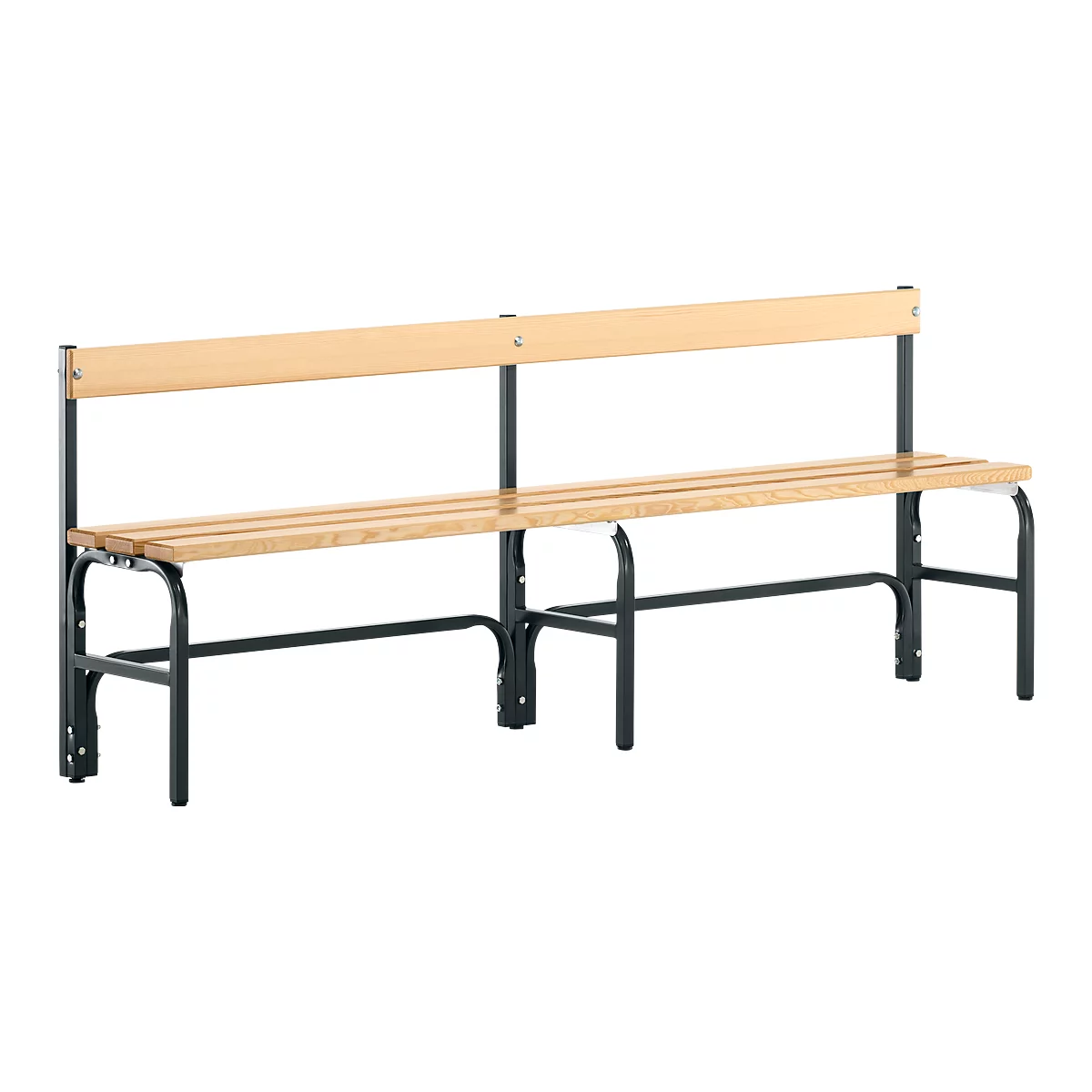 Wooden bench with black metal frame and backrest. For indoor or outdoor use.