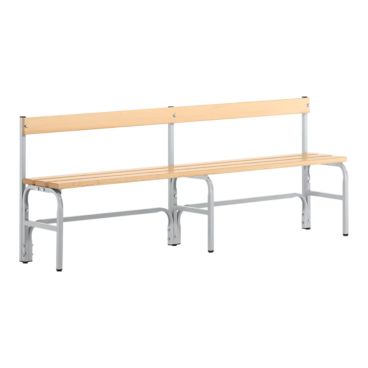 A wooden bench with a backrest, metal frame, on a white background.