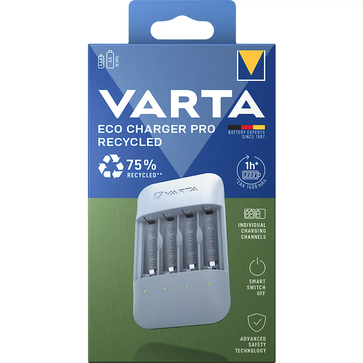 VARTA Eco Charger Pro. Boîte bleue avec chargeur. Texte : 75 % recyclé, 1 h, canaux de charge individuels, arrêt intelligent, technologie de sécurité avancée.