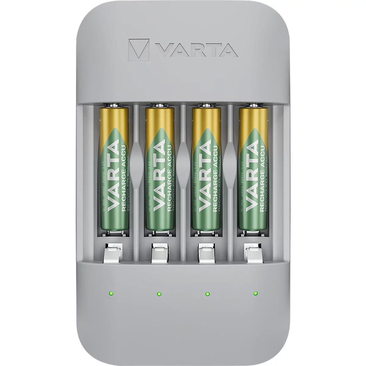 Chargeur de batterie gris avec quatre piles jaune-vert et logo VARTA.