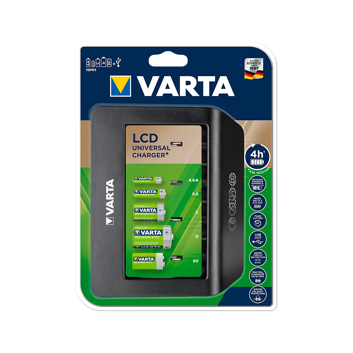Chargeur de batterie Varta LCD Universal Charger, pour 4 x Mignon AA/Micro AAA/C/D ou 1 x 9 V, 1 x USB, écran LCD