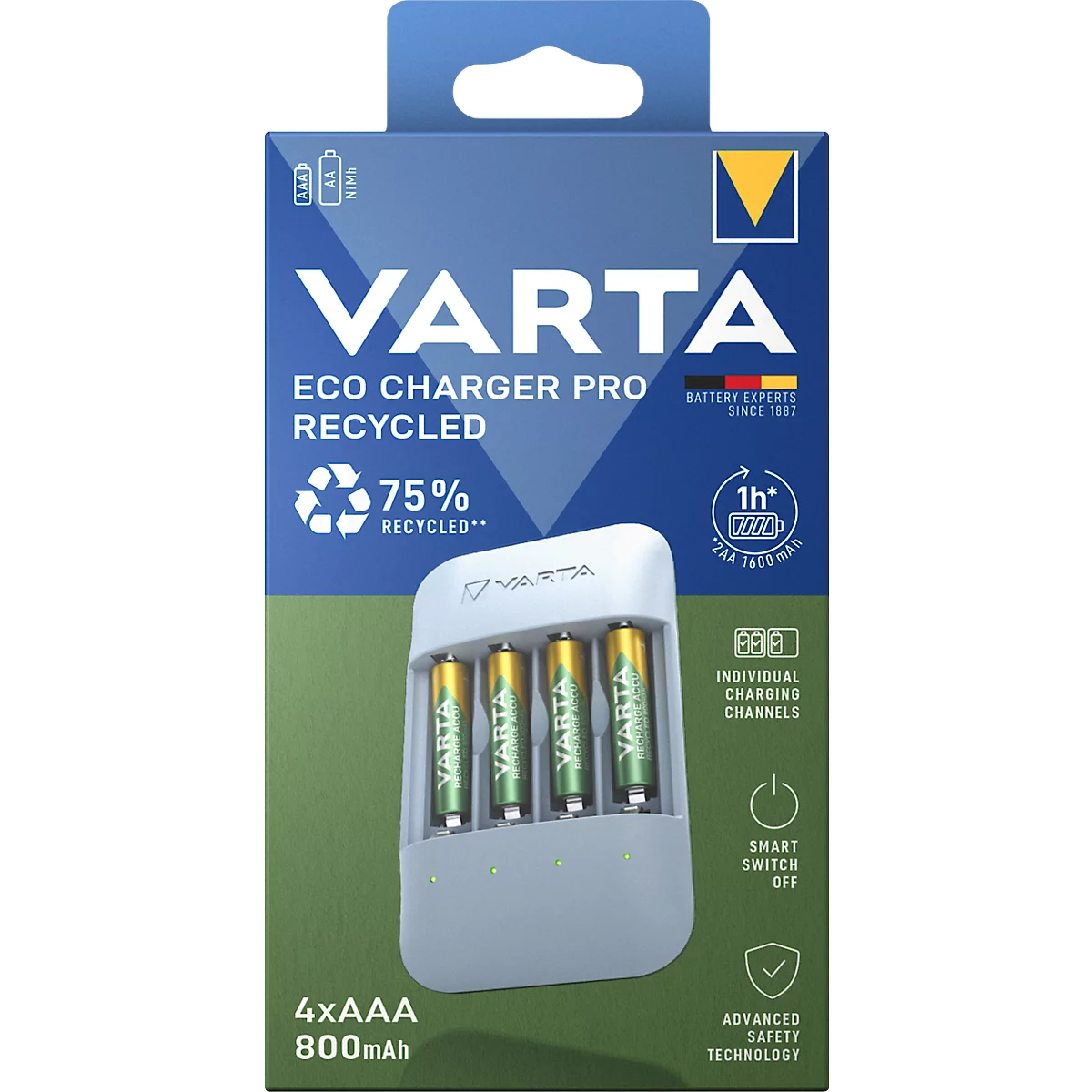 Chargeur avec quatre piles chargées et un emballage avec l'inscription Varta.