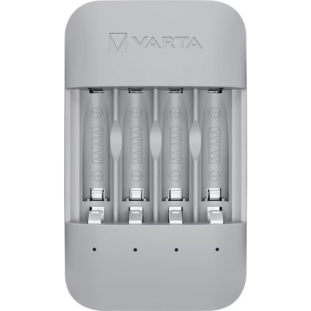 Chargeur de batterie VARTA gris avec quatre emplacements pour piles AAA.